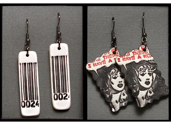 Two sets of handmade ceramic earrings, each containing images from contemporary pop culture.