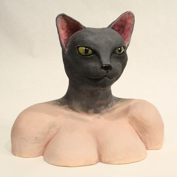Ceramic Sculpture of a woman's torso and feline head